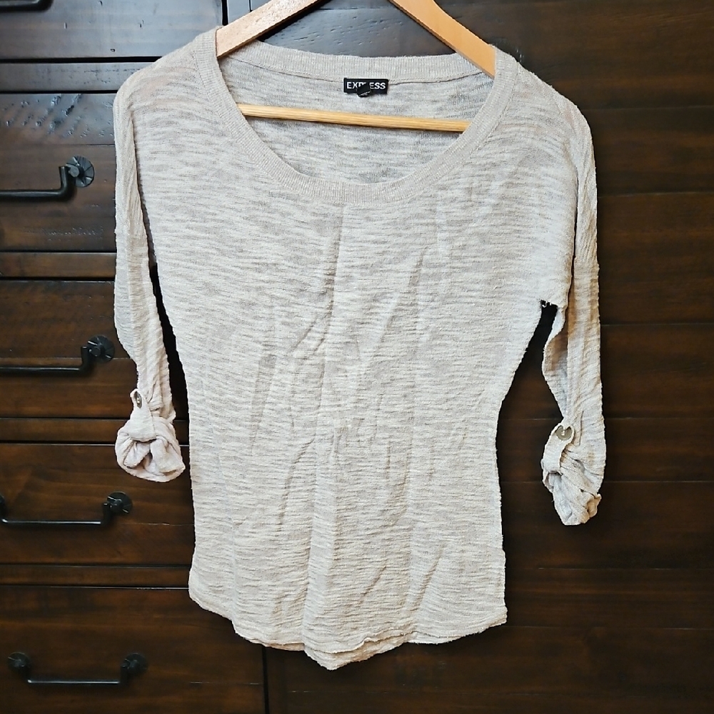 Express Light Beige Roll-Tab Long Sleeve Tee